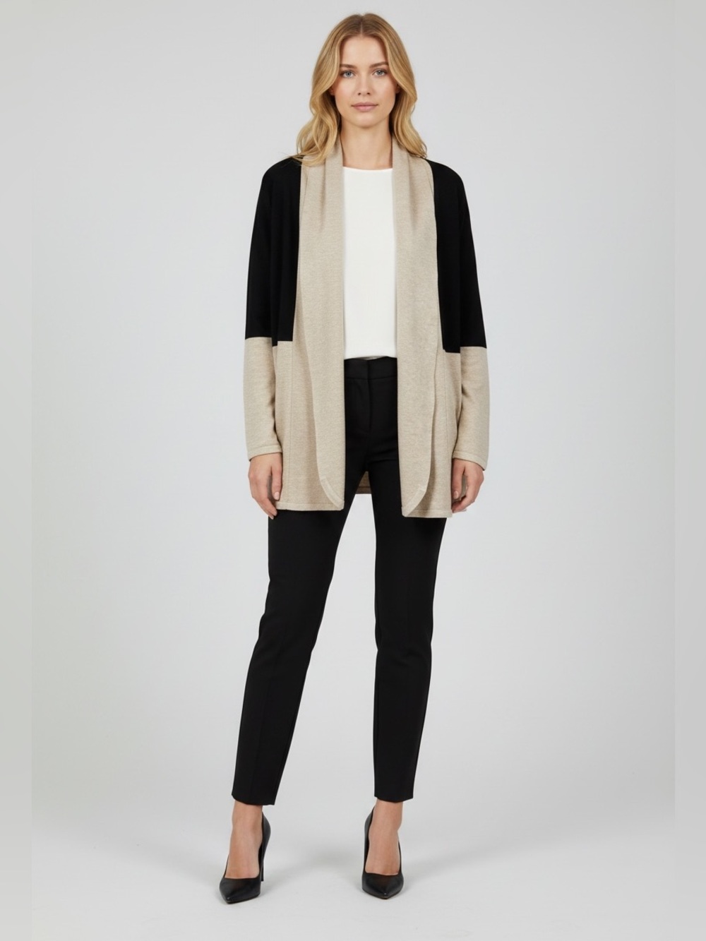 Cyrus, Colorblock Open Front Cardigan, Beige Black, Lightweight Knit, Size L